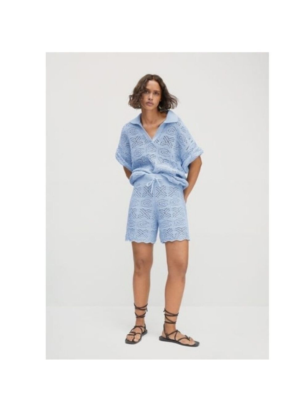 NWT Mango Blue Bohemian Crochet Cova Co Ord Set Sweater Shorts XL